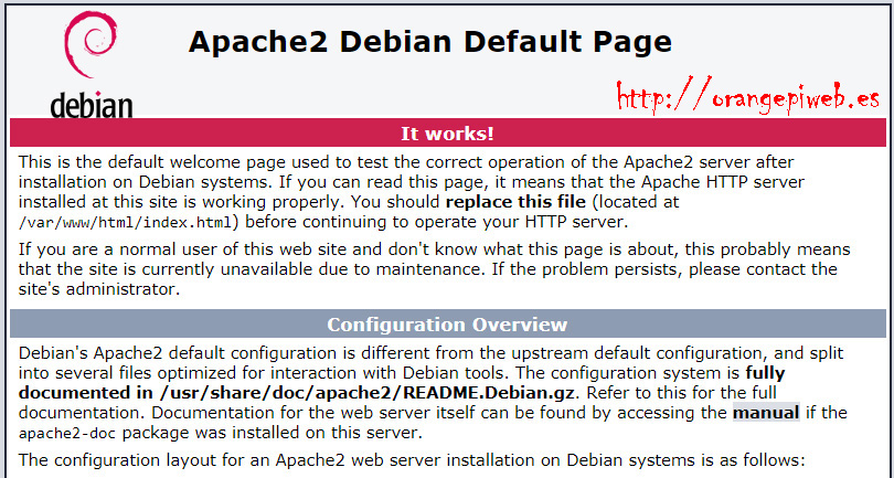 Página de instalación exitosa de Apache